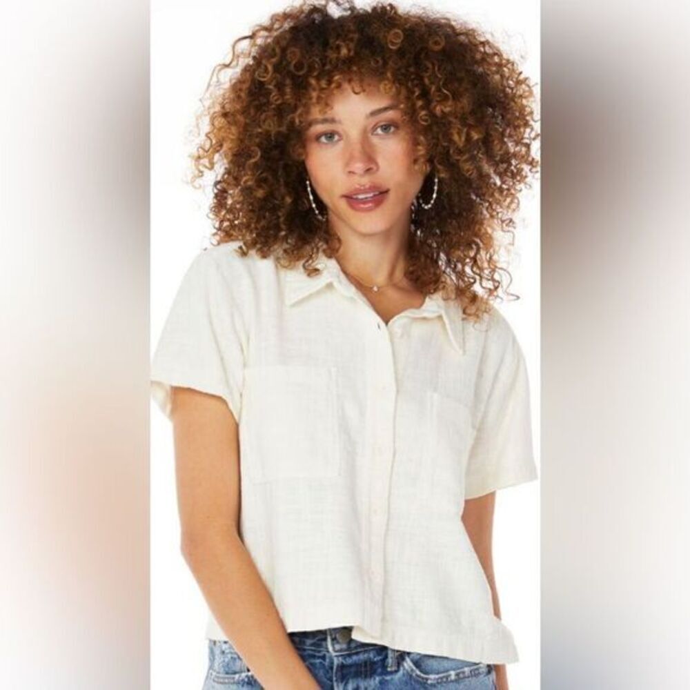 NWT Bobi Los Angeles Women's Macadamia Off White Button Short Sleeve Boxy Top XL
